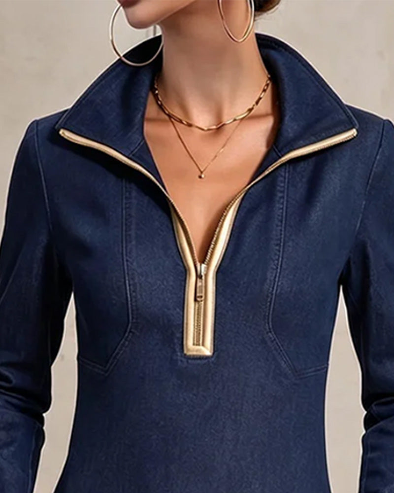 Henrike - Korte denim jurk voor dames met ritskraag en decoratieve oogjes