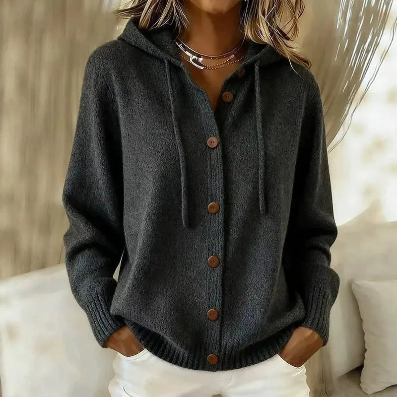 Ameline - Dames cardigan met capuchon en knopen in zachte brei