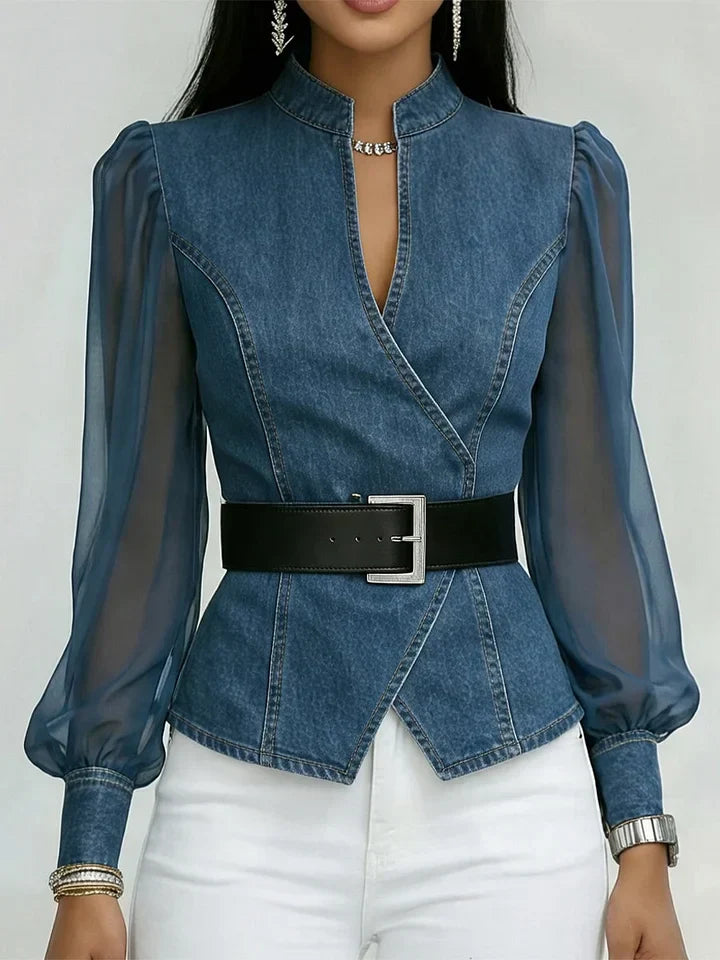 Quinellea - Elegante Denim Blouse met Structuur