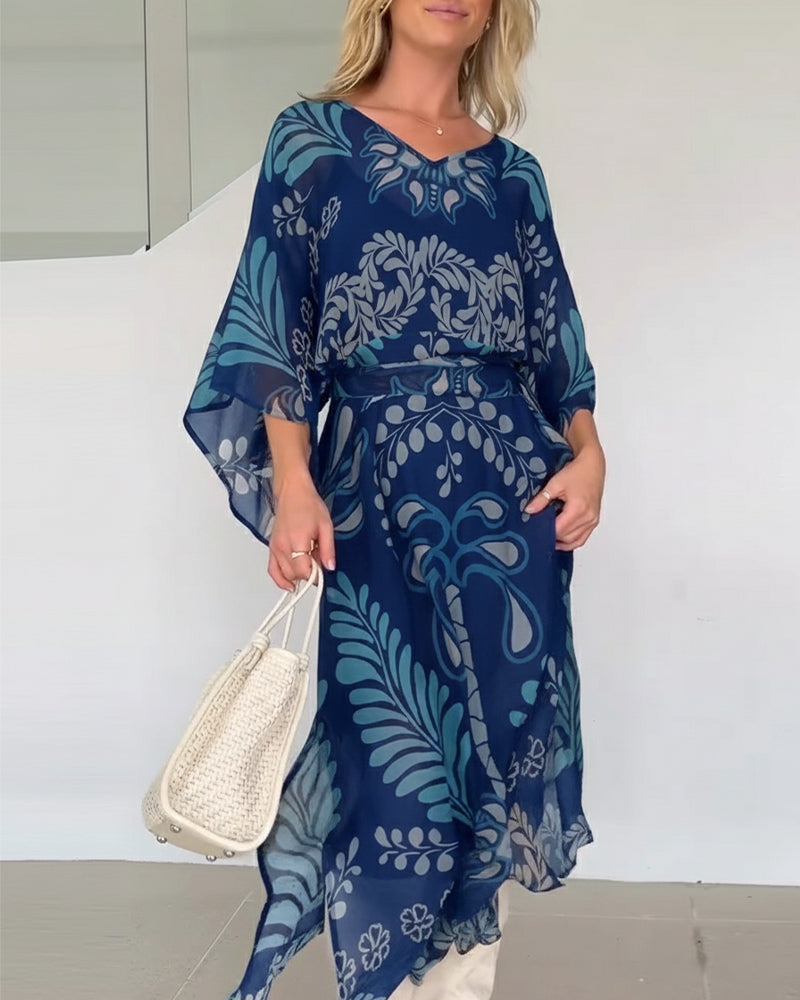 Praxellea - Boheemse maxi jurk voor vrouwen met V-hals en elegante bladerenprint