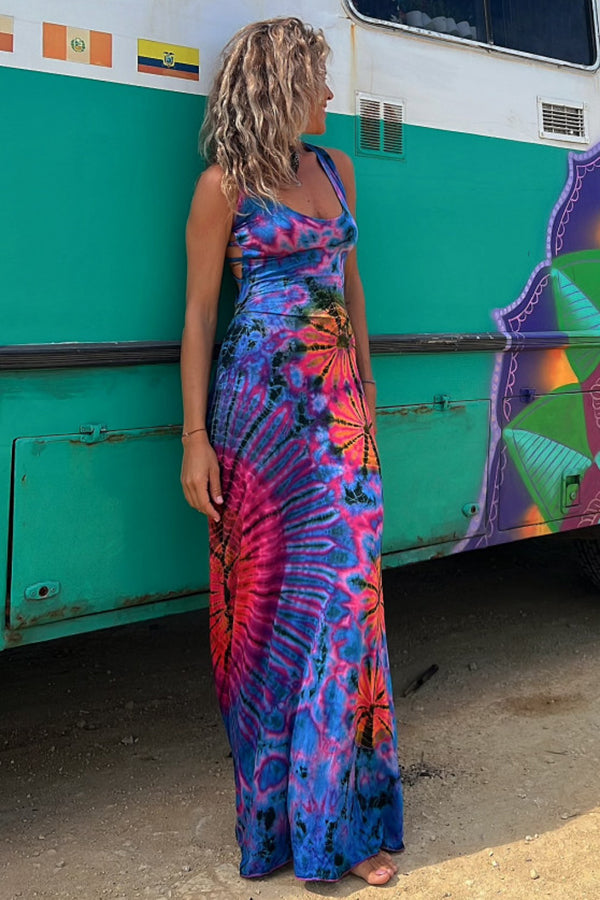 Junaria - Maxi-jurk met tie-dye print, vetersluiting op de rug, stretch (met ingebouwde bh)