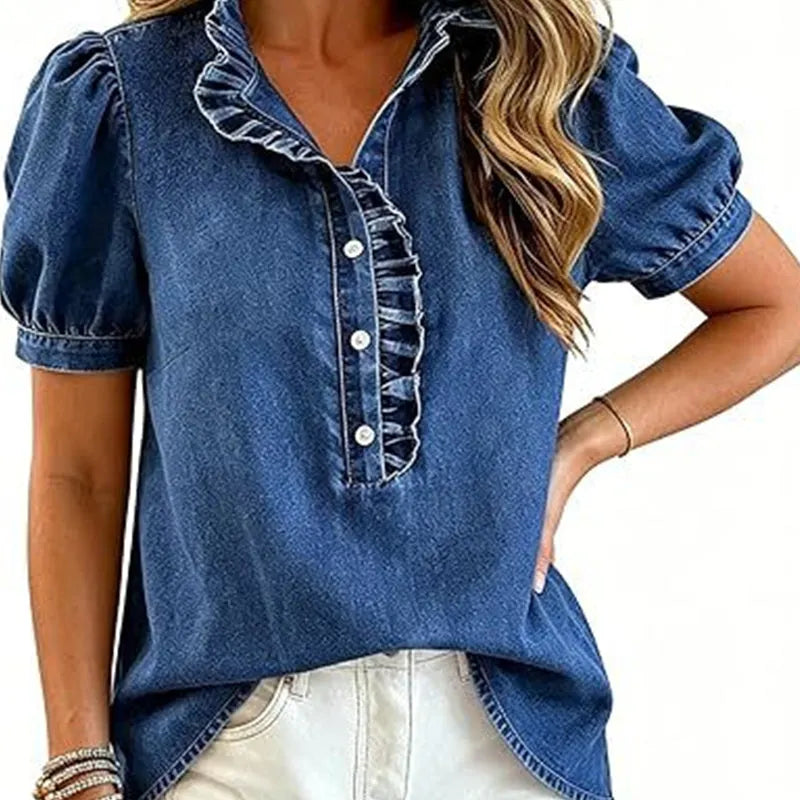 Caelith - Dames denim top met volantkraag