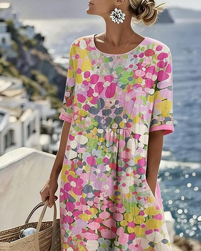Averixa - Vrouwen midi-jurk met abstracte bloemenprint van katoen en linnen voor de zomer