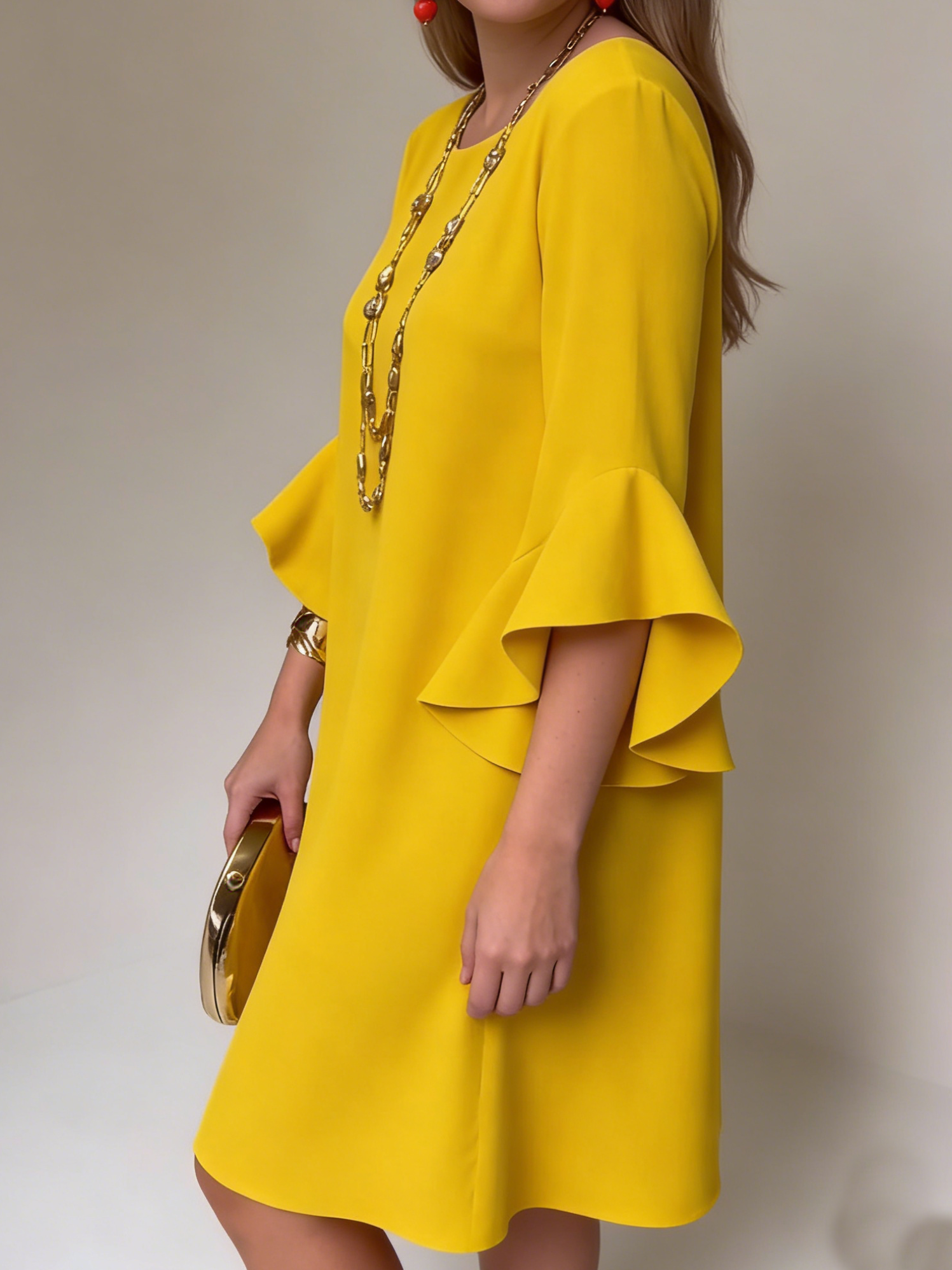 Eryza - Vrouwelijke Vloeiende Jurk met Volants Mouwen Comfortabele Snit Elegante Stijl