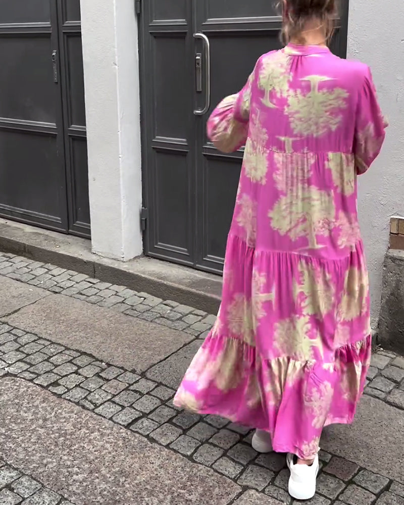 Greta - Losvallende Patchworkjurk met V-hals en Klokmouwen met Print