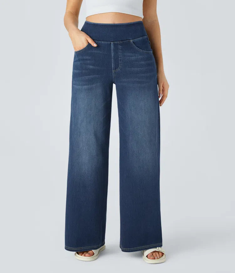 Ruvessa - Dames jeans met hoge taille brede pijpen zeer rekbaar moderne snit