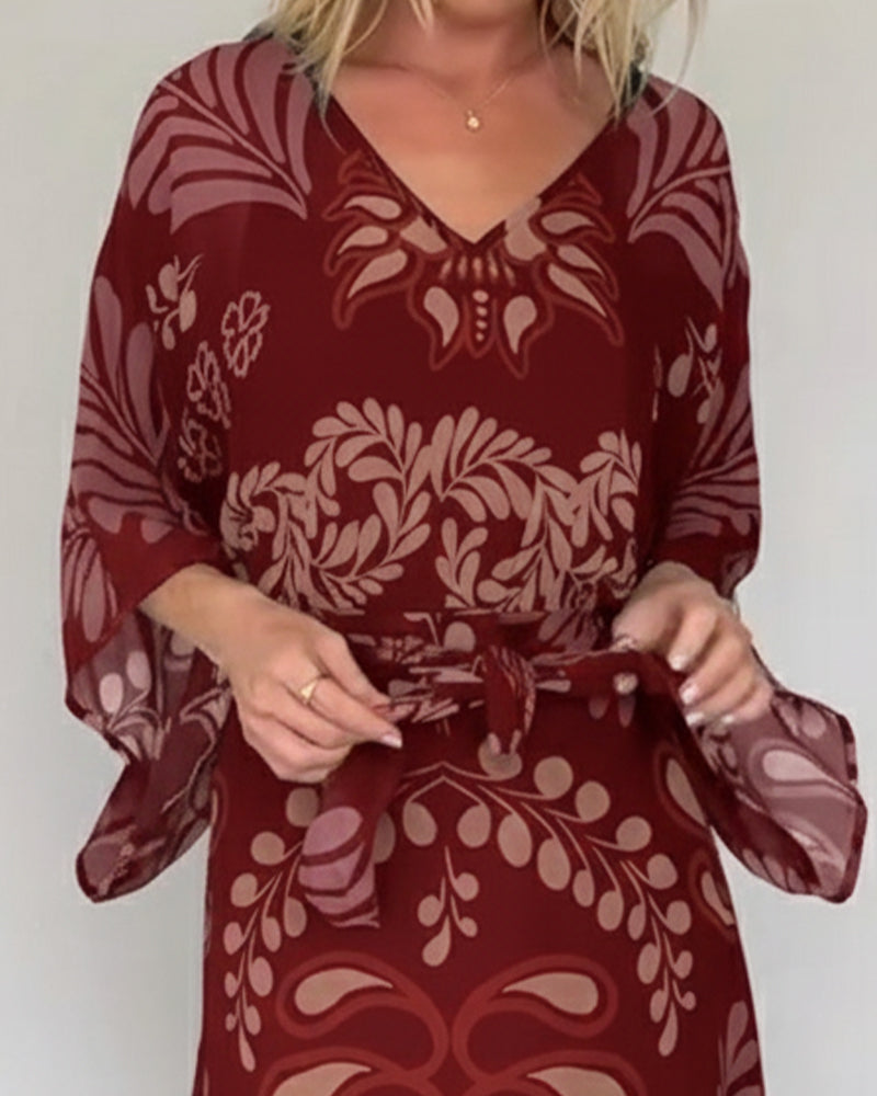 Praxellea - Boheemse maxi jurk voor vrouwen met V-hals en elegante bladerenprint