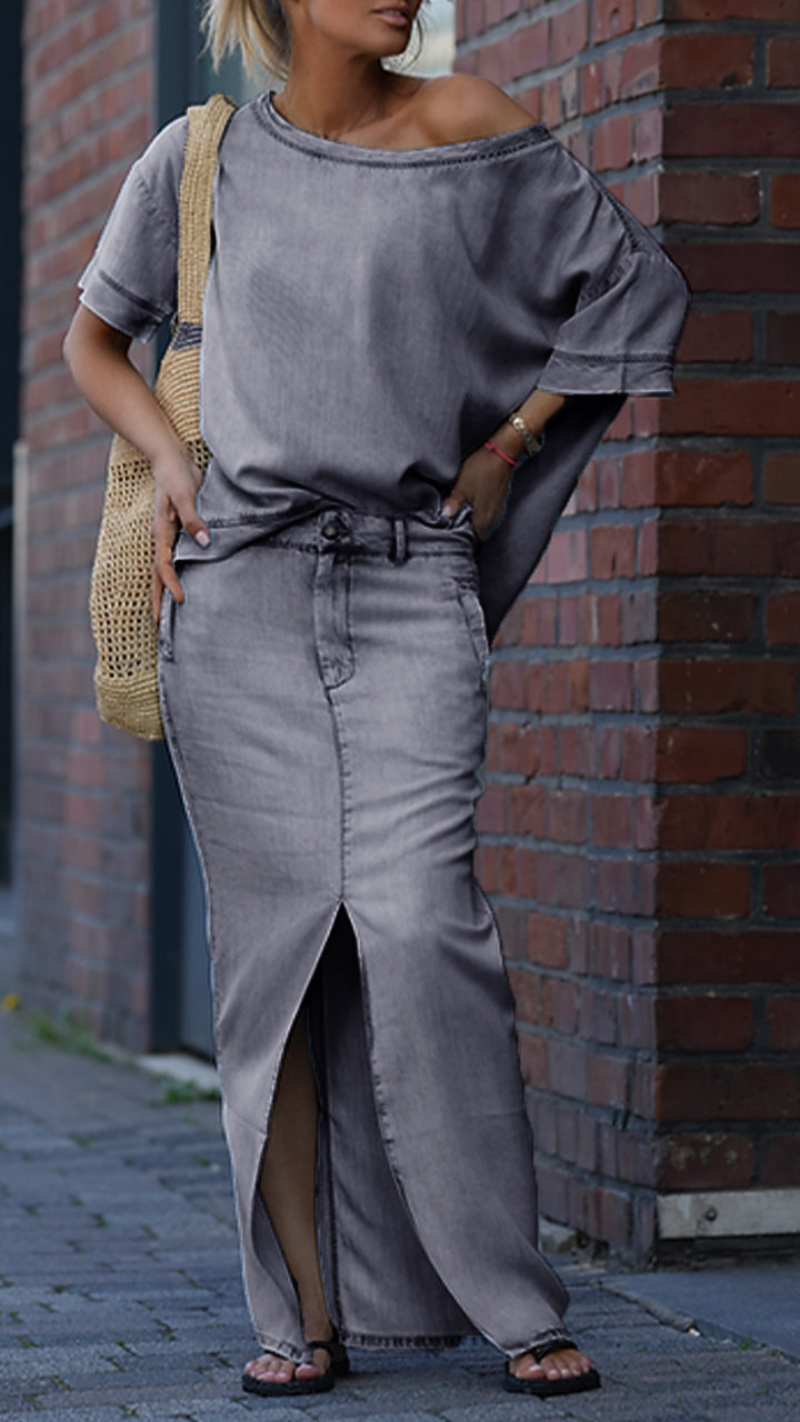 Mireya - Casual damesset in Tencel Denim met ronde halslijn