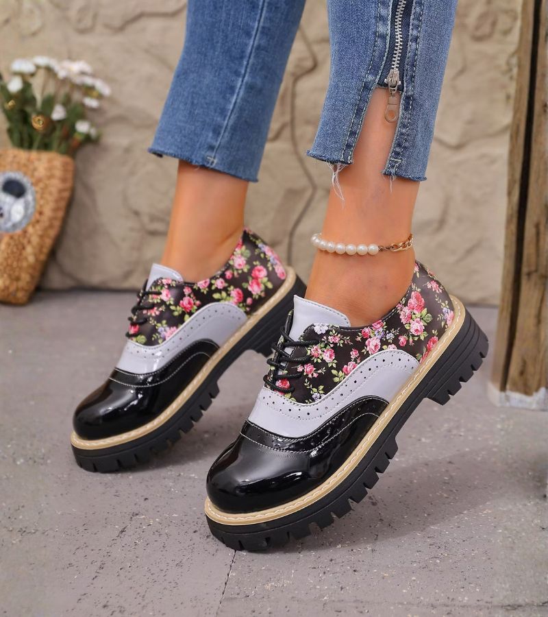 Maan - Dames Oxford Schoenen met Veters en Bloemenpatroon met Dikke Zool
