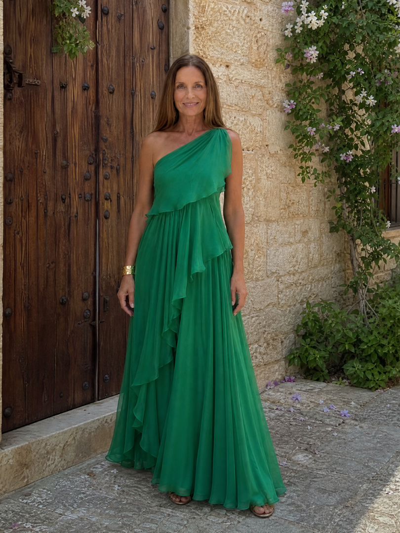 Zeline - Asymmetrische maxi-jurk in groene met volants