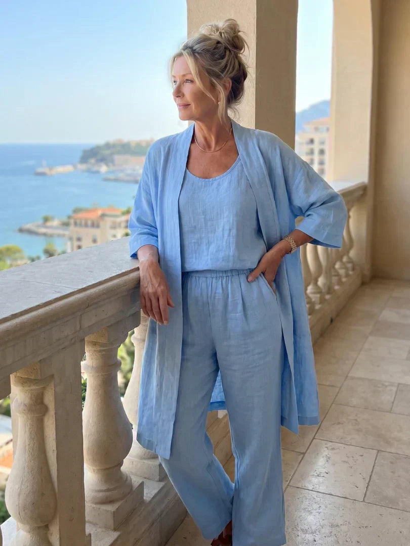 Faevina - Licht damesensemble met kimono, top en broek