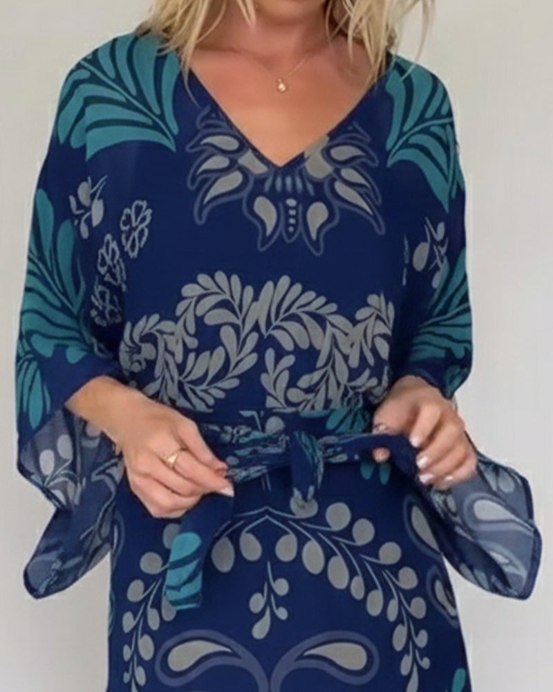 Praxellea - Boheemse maxi jurk voor vrouwen met V-hals en elegante bladerenprint