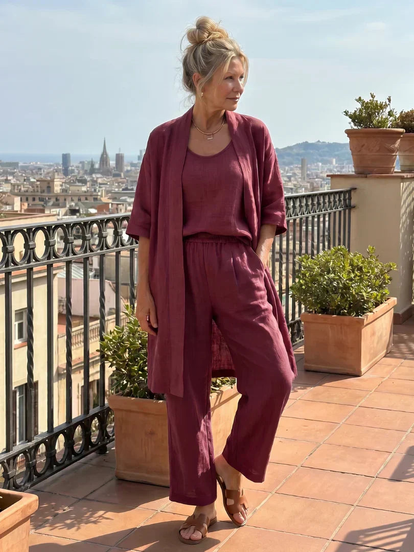 Faevina - Licht damesensemble met kimono, top en broek