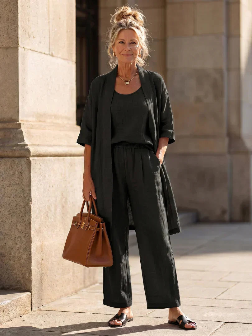 Faevina - Licht damesensemble met kimono, top en broek