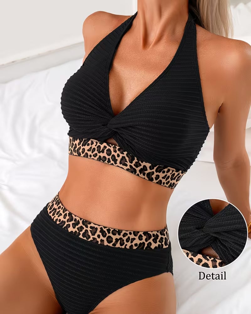 Cavirae - Dames Bikini Hoge Taille Luipaard Contrastband Flatterende Snit