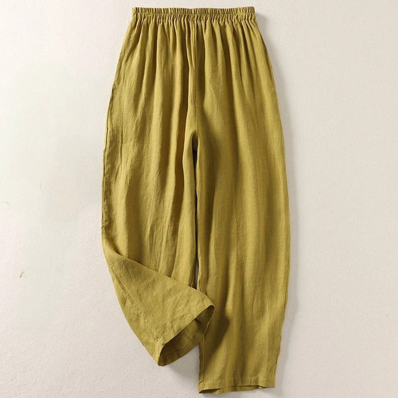 Arelise - Vrouwelijke fluïde broek van katoen-linnen met elastische taille