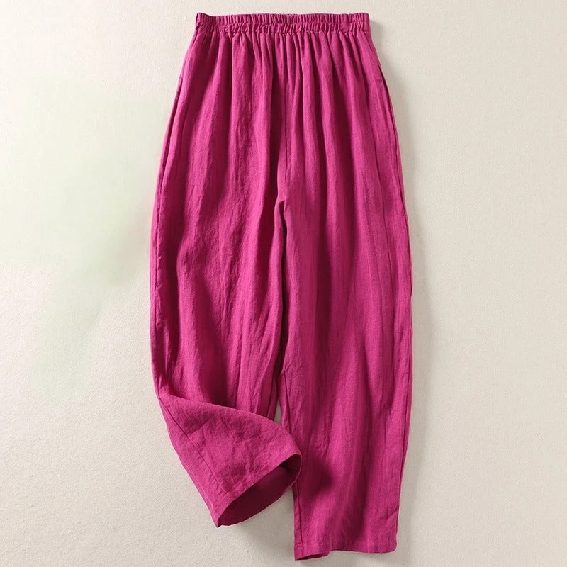 Arelise - Vrouwelijke fluïde broek van katoen-linnen met elastische taille