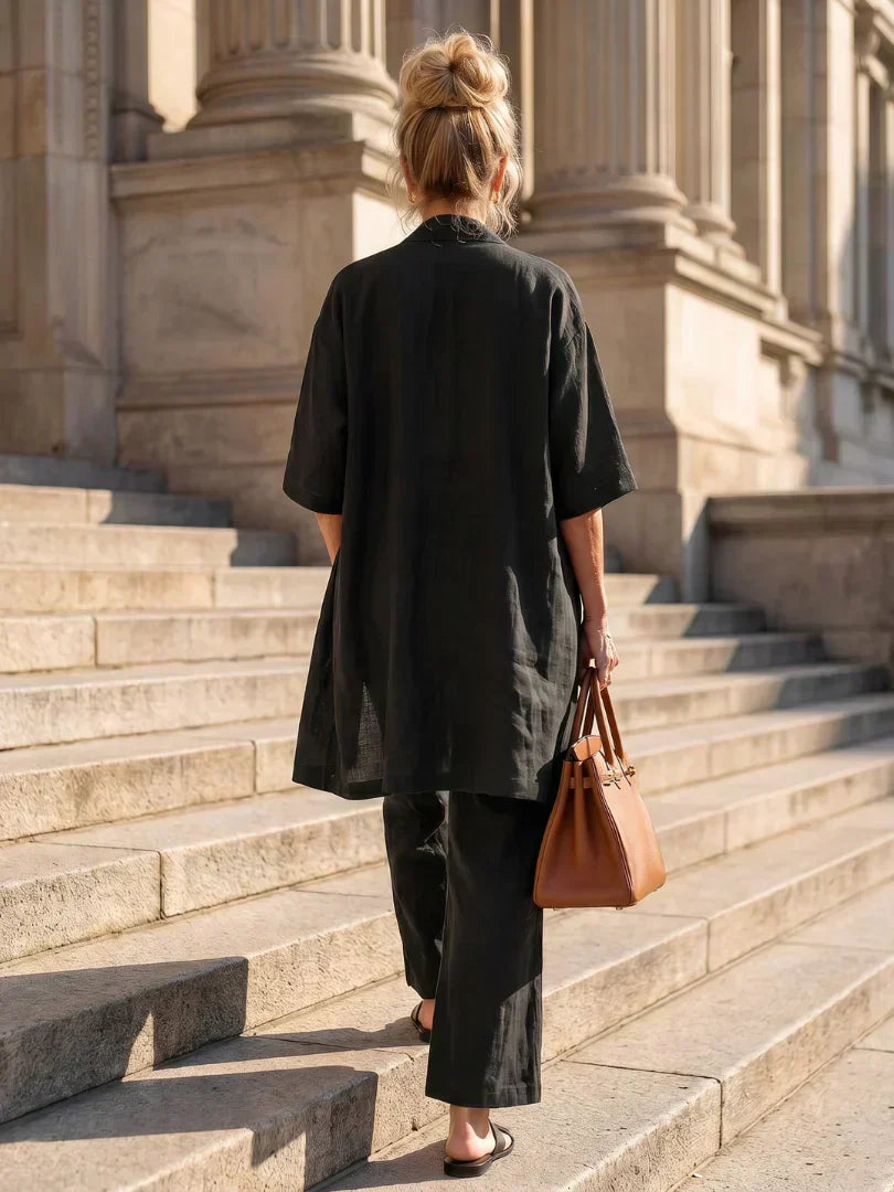 Faevina - Licht damesensemble met kimono, top en broek