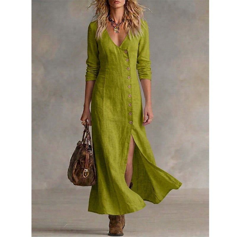 Quinalisse - Elegante vintage overhemdjurk met lange mouwen midi
