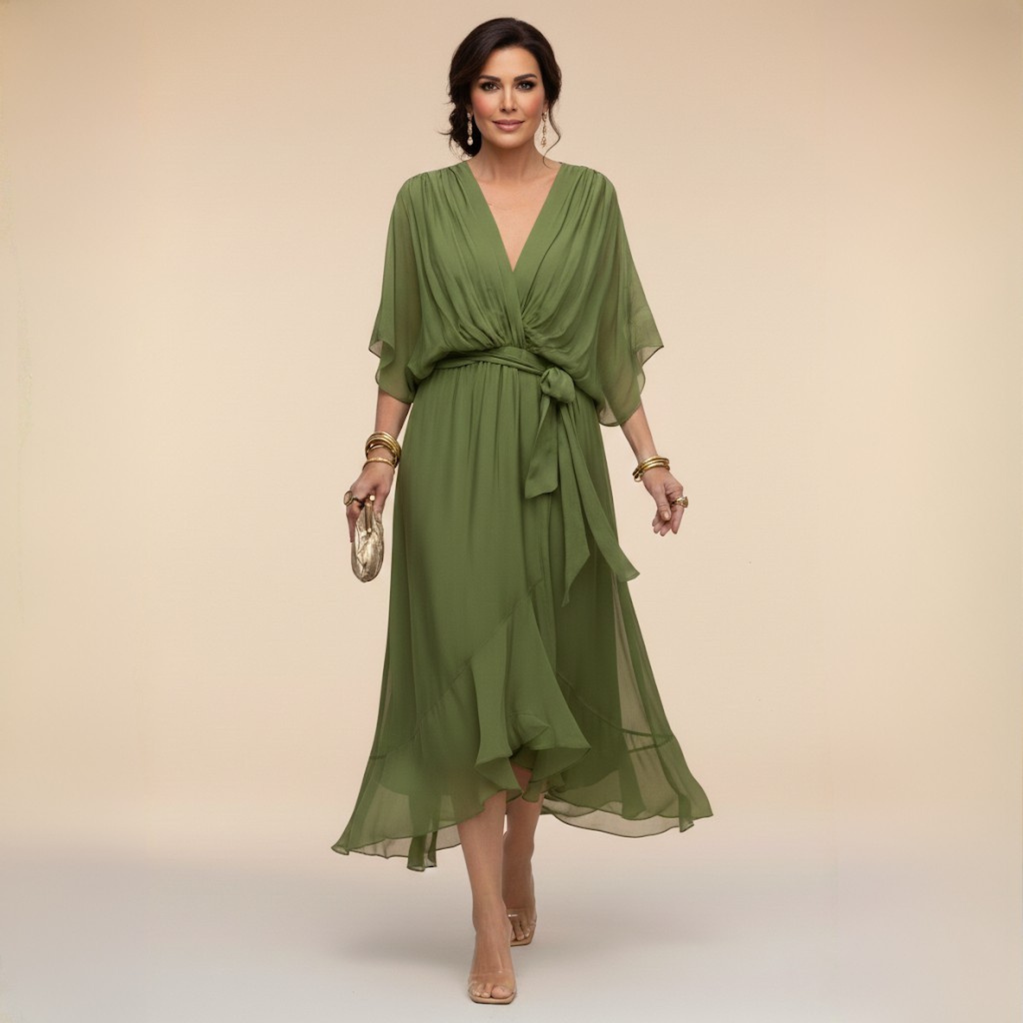 Lazira - Midi jurk voor vrouwen met V-hals, ruime mouwen en elegante riem