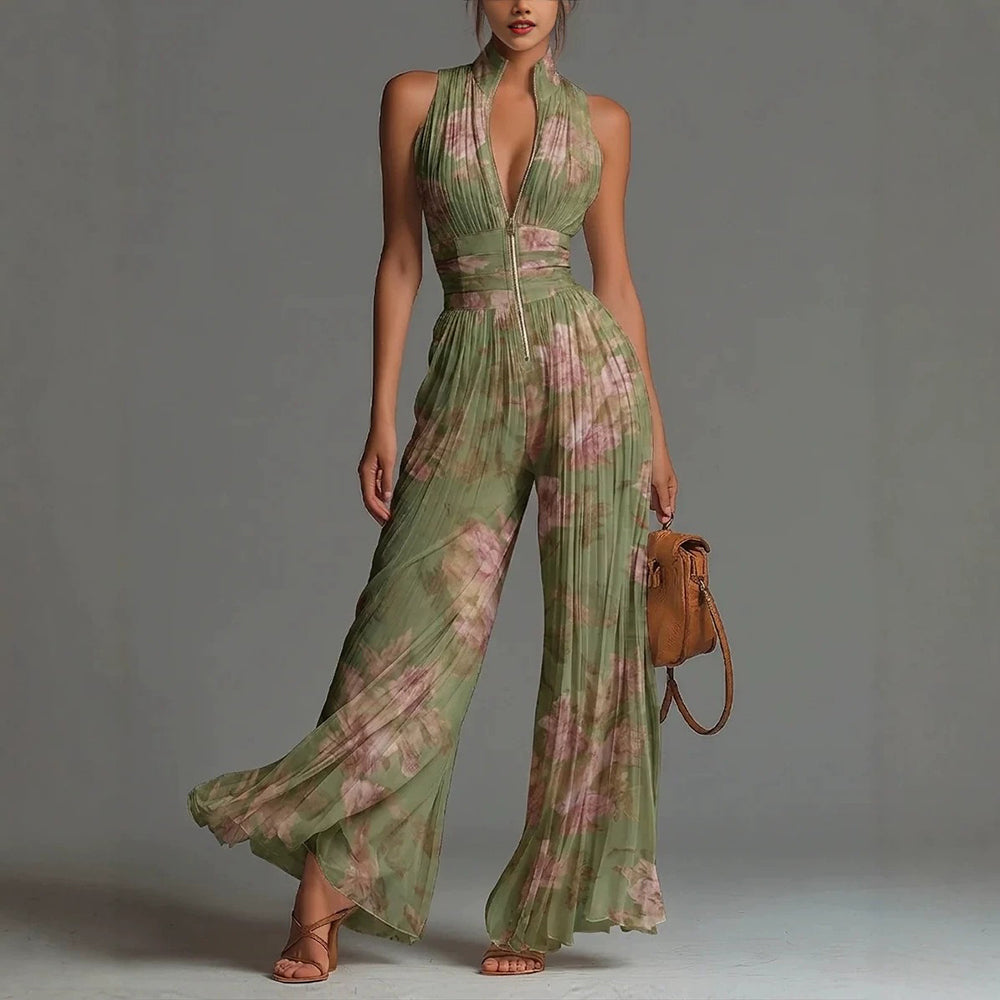 Loravelle - Plissé jumpsuit voor dames met V-hals en wijde pijpen