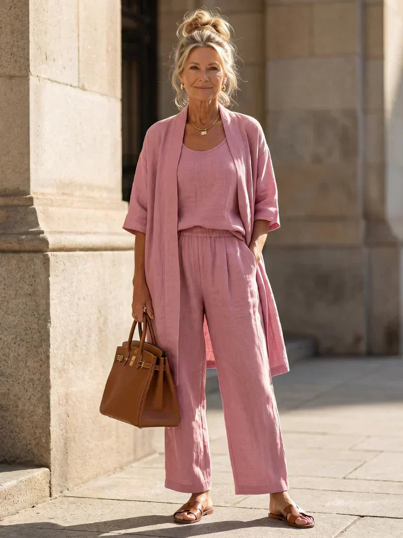 Faevina - Licht damesensemble met kimono, top en broek