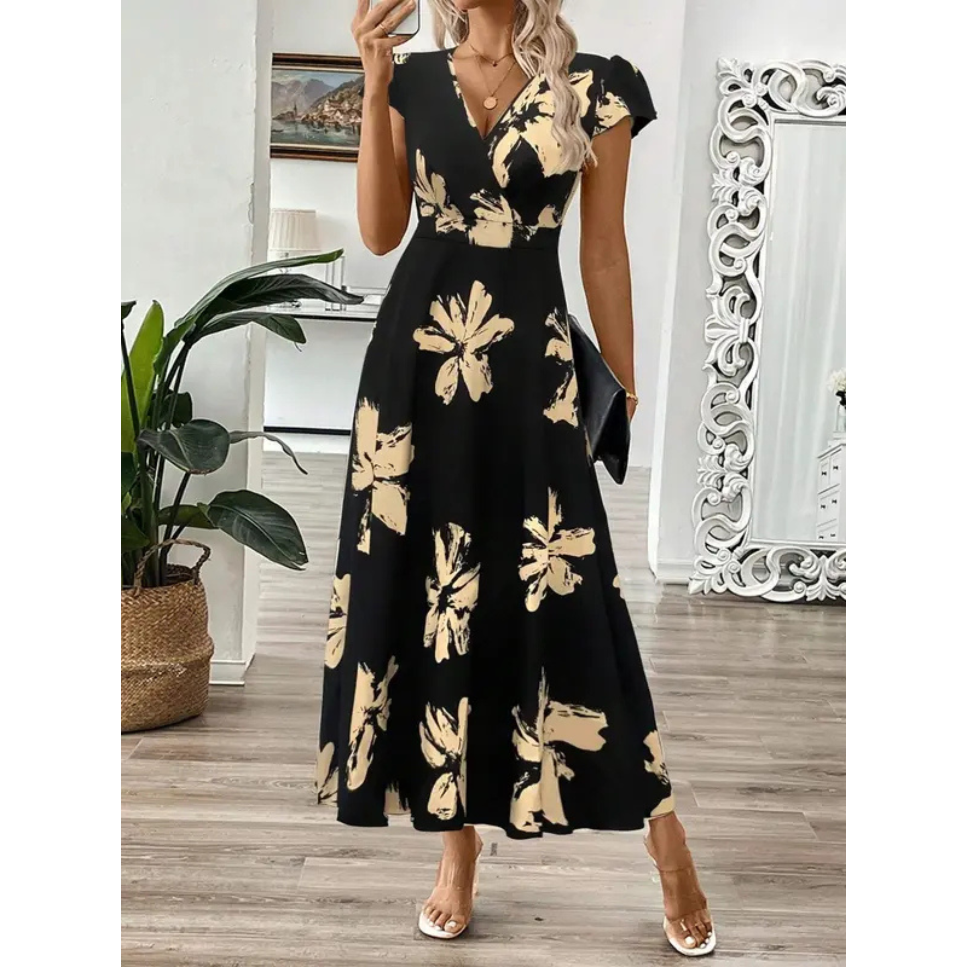 Korevyn - Elegante vloeiende maxi jurk voor dames met zwart en beige bloemenprint