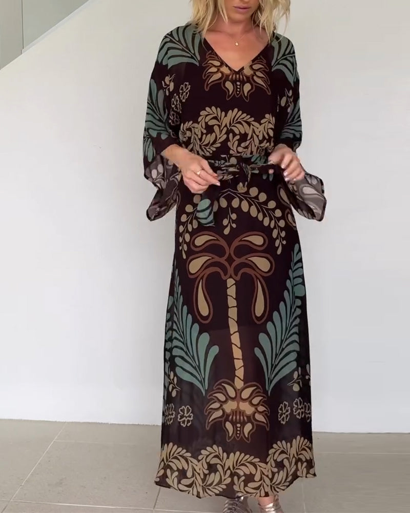 Praxellea - Boheemse maxi jurk voor vrouwen met V-hals en elegante bladerenprint