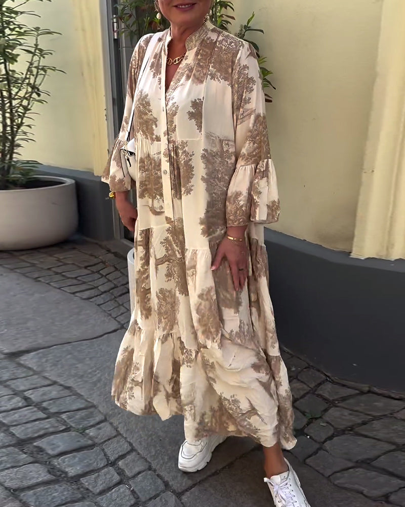Greta - Losvallende Patchworkjurk met V-hals en Klokmouwen met Print