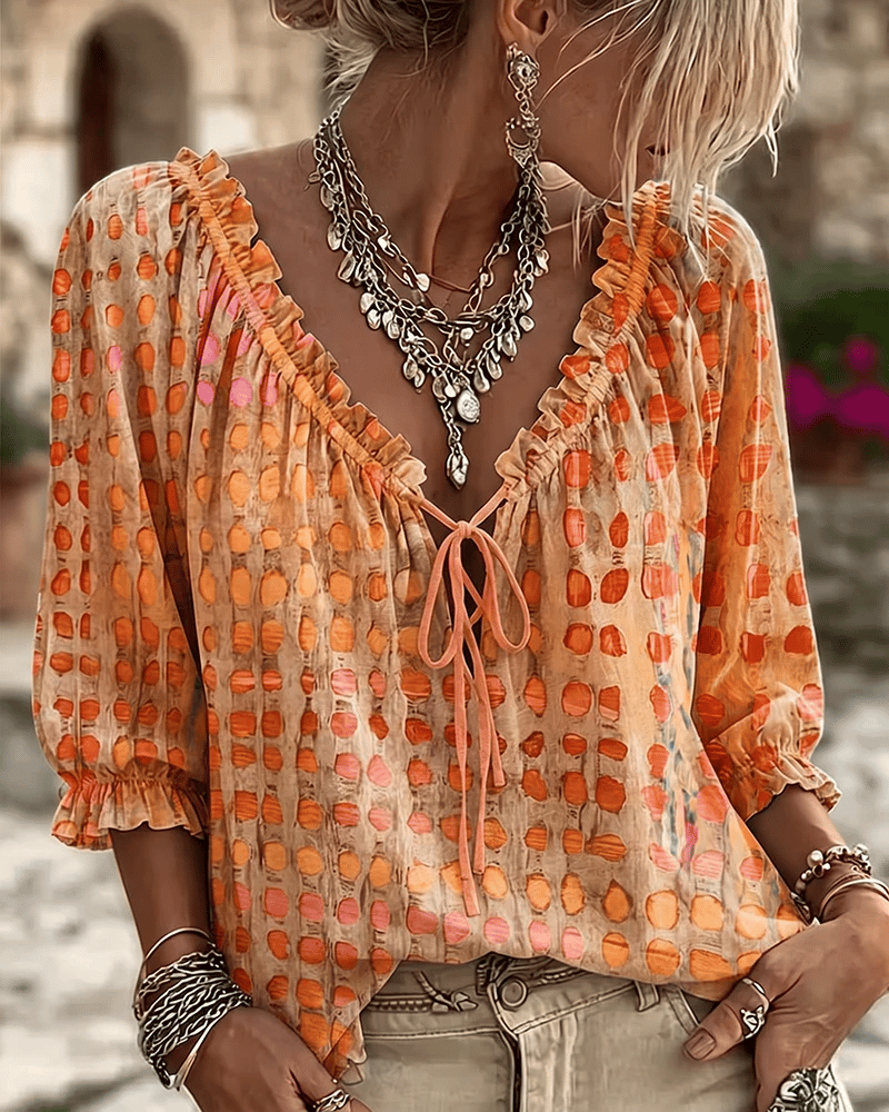 Mireva - Damesblouse met stippen en V-hals met verstelbare strik