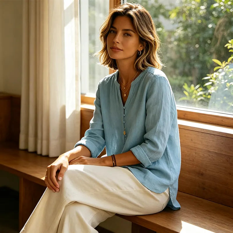 Vaelis - Vrouwelijke losse blouse met V-hals en knopen