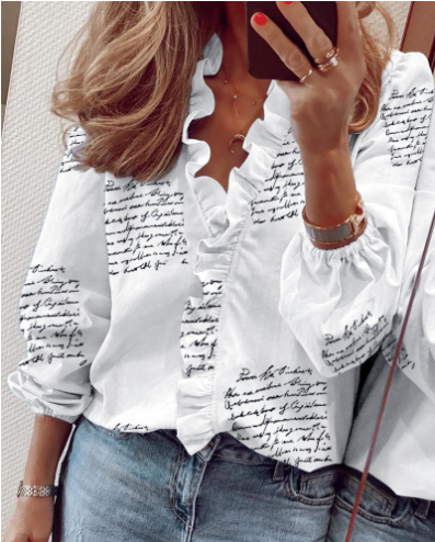 Nythera - Vrouwelijke Blouse met Volants V-Hals Lanternmouwen Elegant