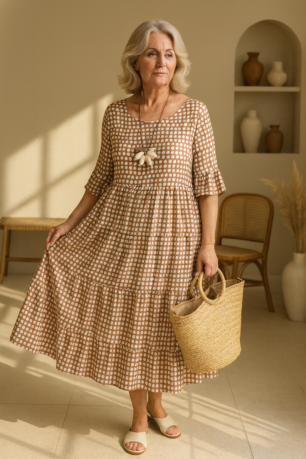 Myrelix - Midi Jurk met Korte Mouwen voor Dames Natuurlijke Elegantie