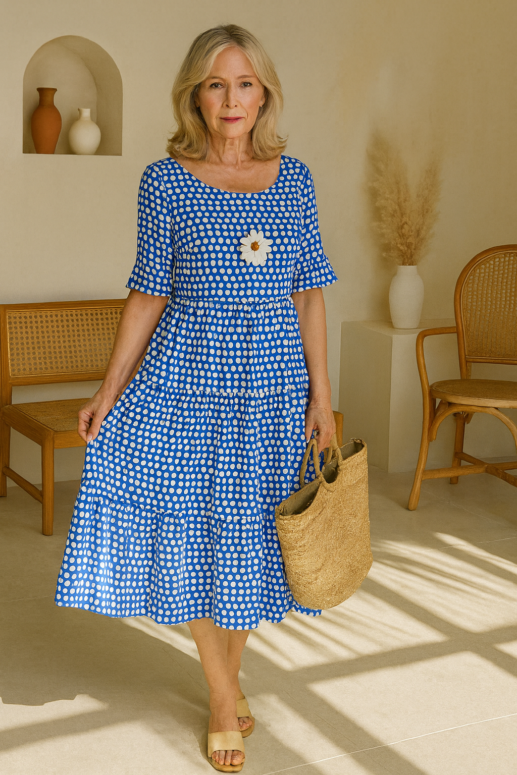 Myrelix - Midi Jurk met Korte Mouwen voor Dames Natuurlijke Elegantie