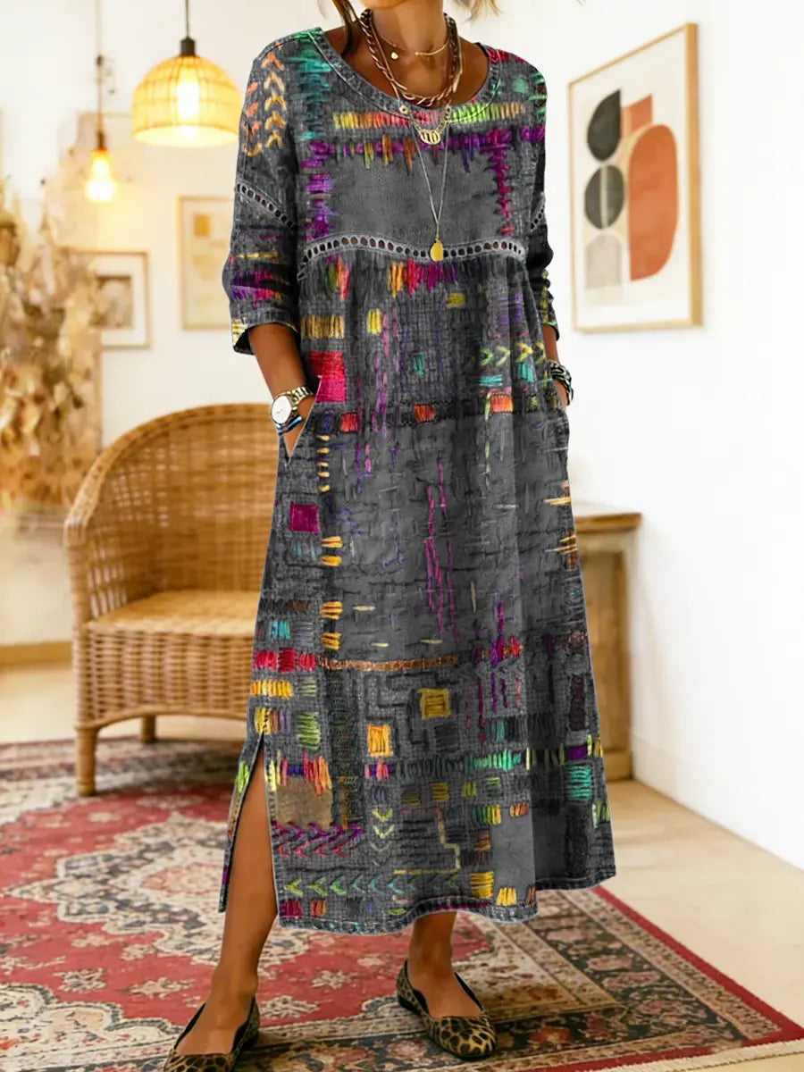 Lunethra - Robe Denim Patchwork Etnisch Dames