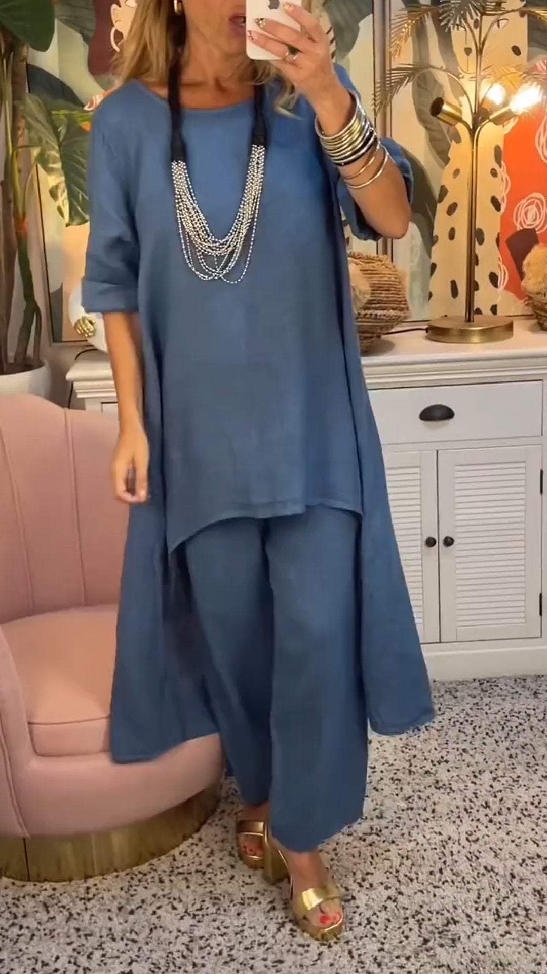 Melantha - Tweedelige katoen-linnen set met lange mouwen en ronde hals