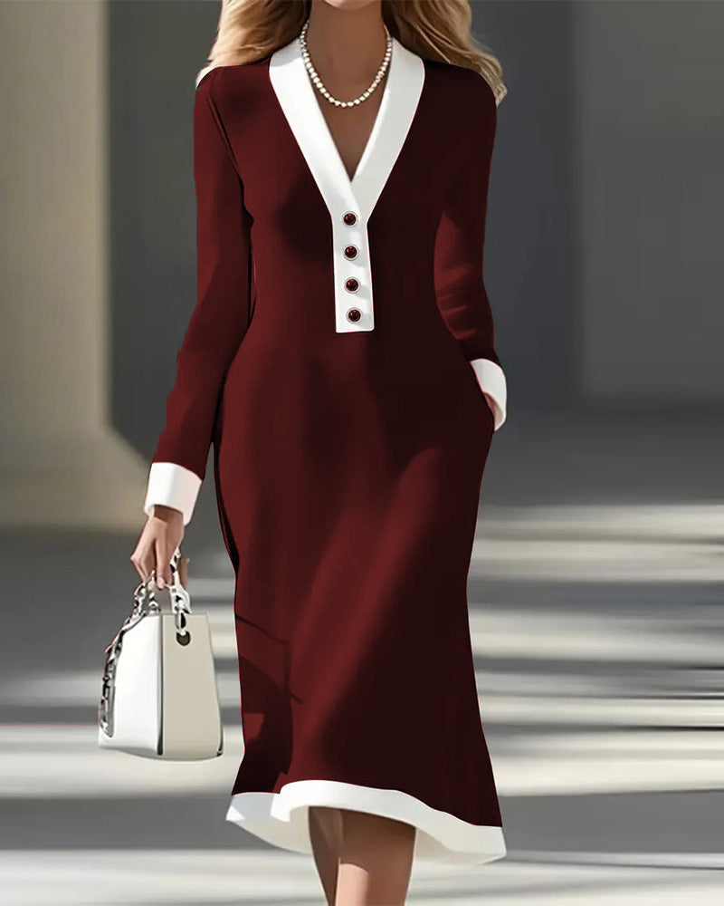 Brenyla - Elegante Midi Jurk met Contrasterende Kraag