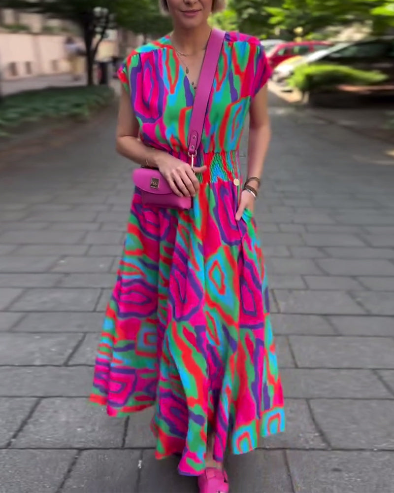 Roxana - Maxi-jurk met kleurrijke print, v-hals en raglanmouwen