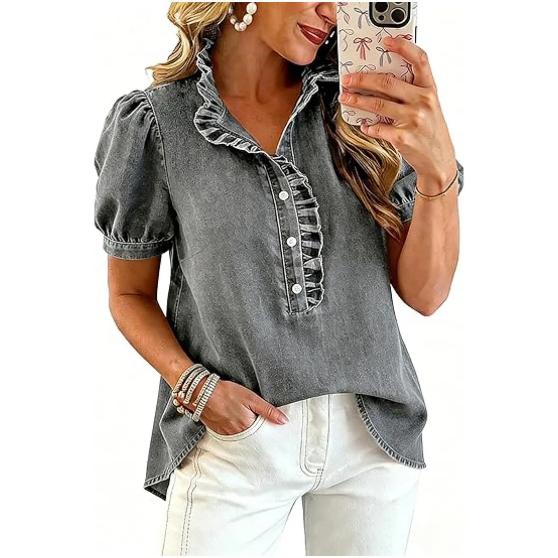 Caelith - Dames denim top met volantkraag