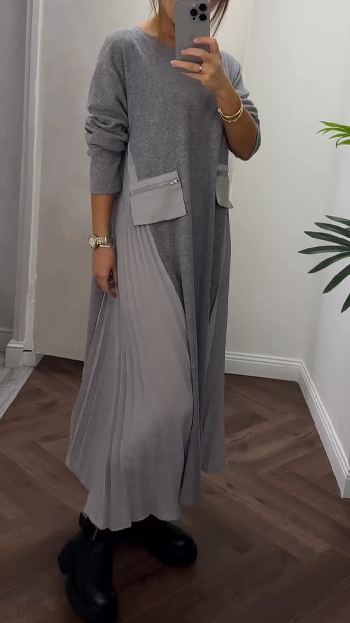 Isenelle - Casual Plissé Jurk met Ronde Hals en Zakken
