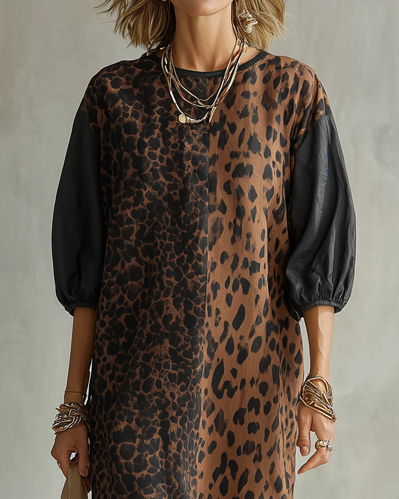 Milou - Premium leopard jurk met elegante pofmouwen