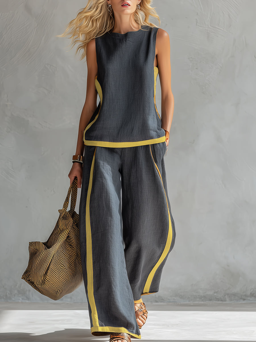 Tavindra - Elegante Katoen Linnen Set voor Dames – Mouwloos Top & Wijde Broek