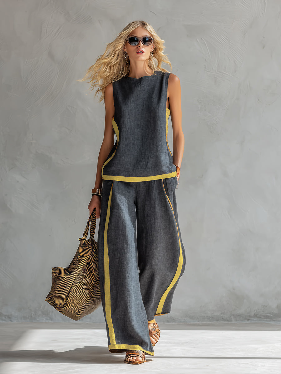 Tavindra - Elegante Katoen Linnen Set voor Dames – Mouwloos Top & Wijde Broek