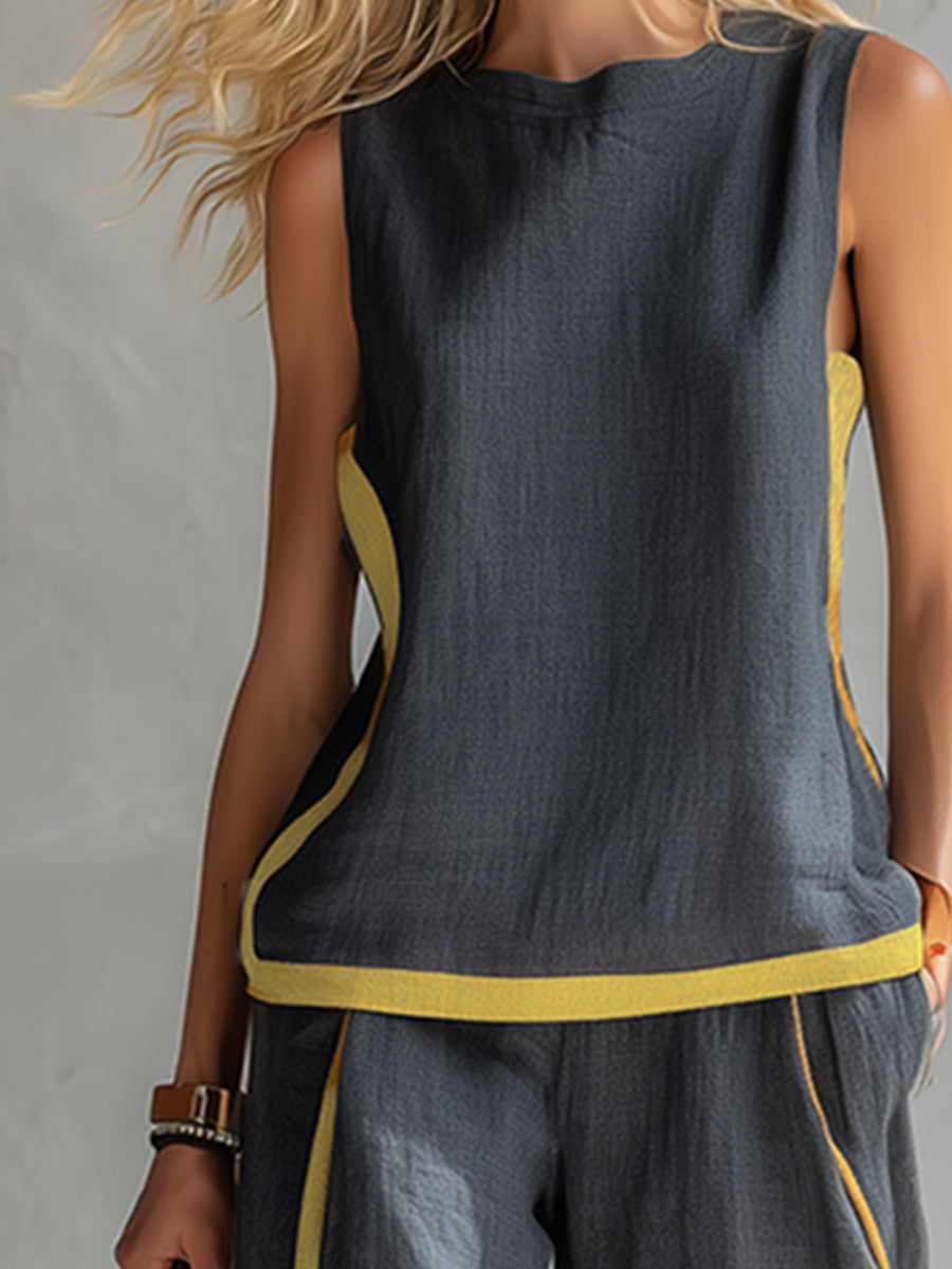 Tavindra - Elegante Katoen Linnen Set voor Dames – Mouwloos Top & Wijde Broek