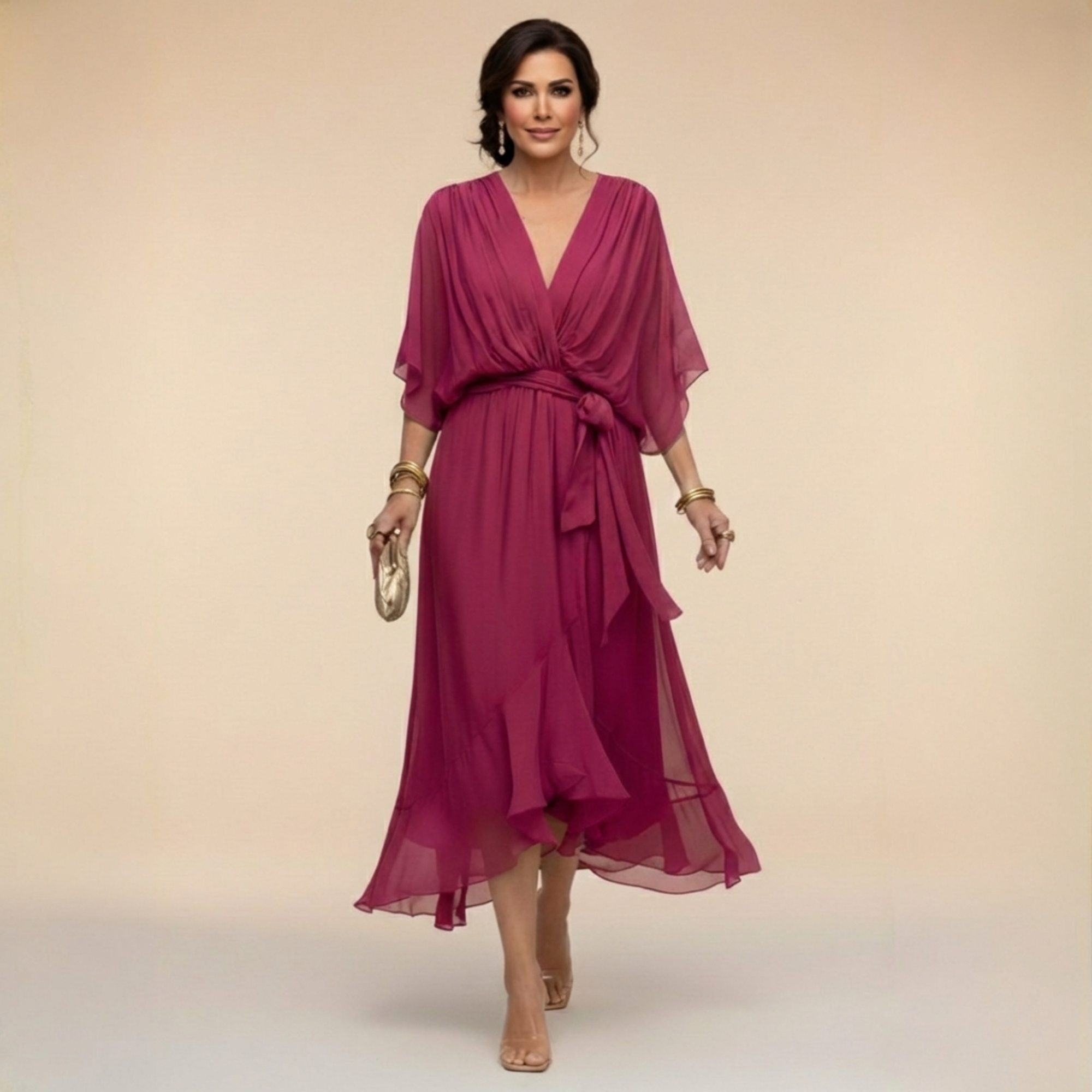 Lazira - Midi jurk voor vrouwen met V-hals, ruime mouwen en elegante riem