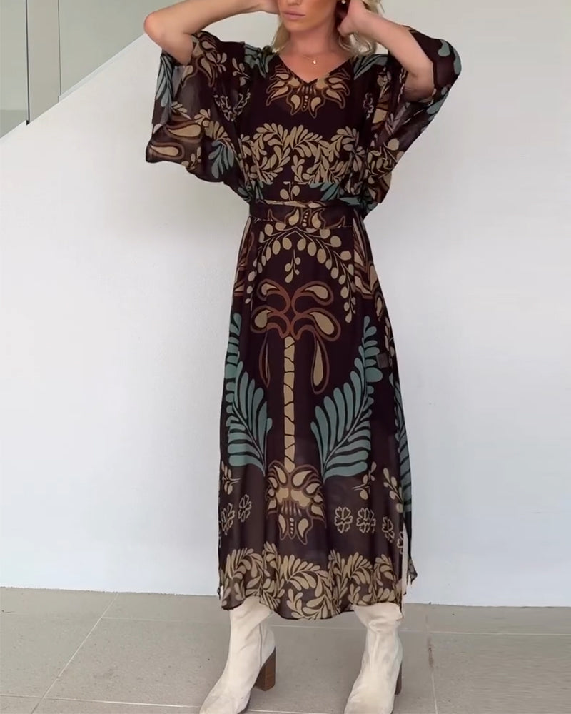 Praxellea - Boheemse maxi jurk voor vrouwen met V-hals en elegante bladerenprint