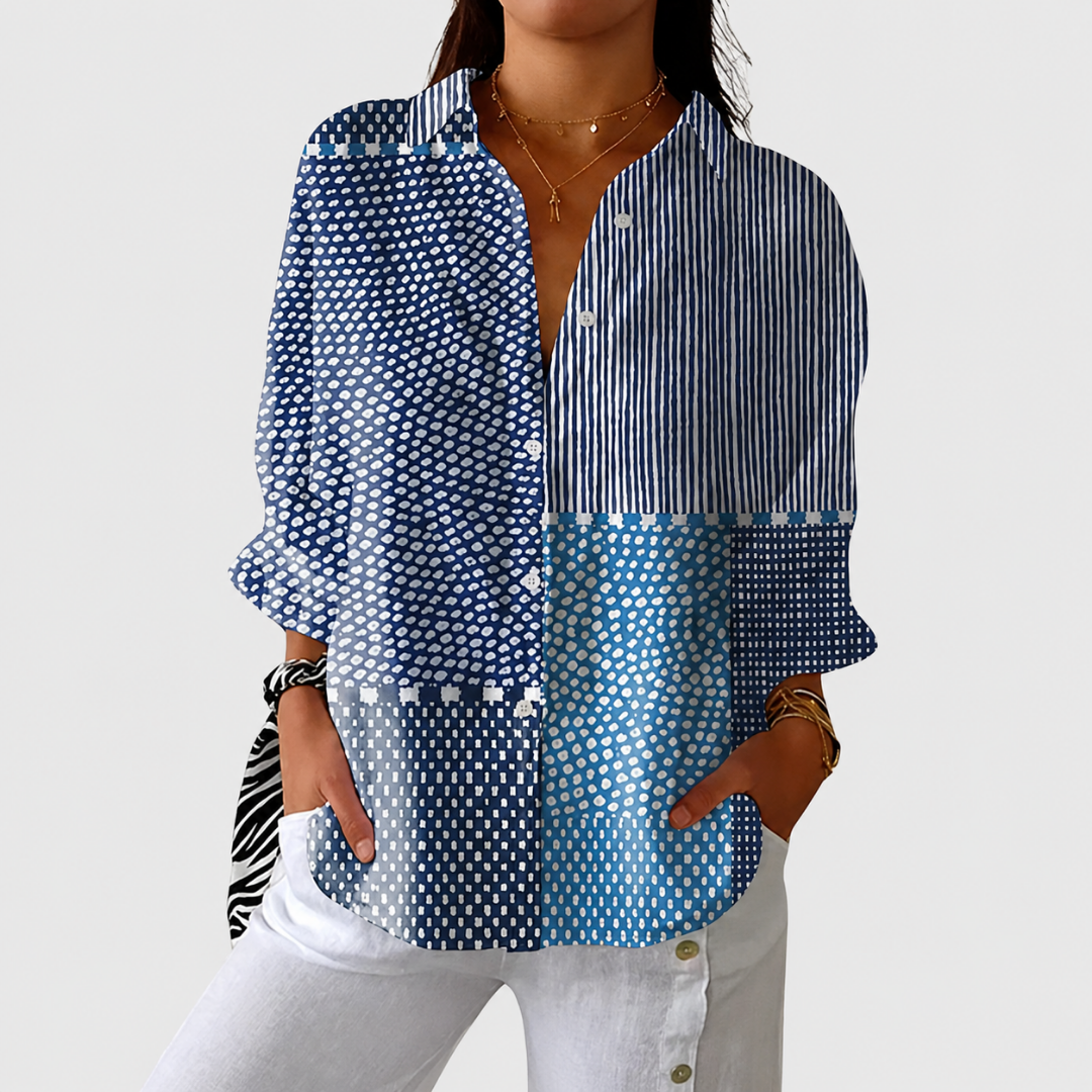 Adria - Dames blouse met patchworkprint en klassieke knoopkraag