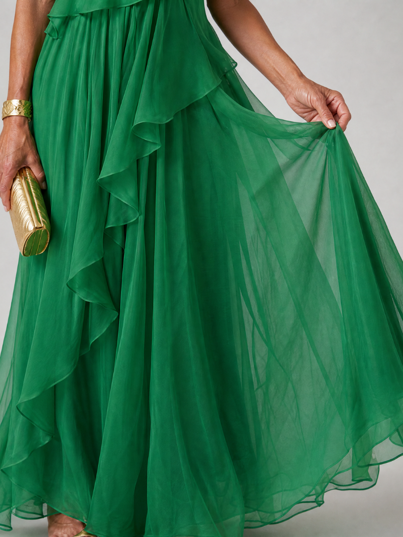 Zeline - Asymmetrische maxi-jurk in groene met volants