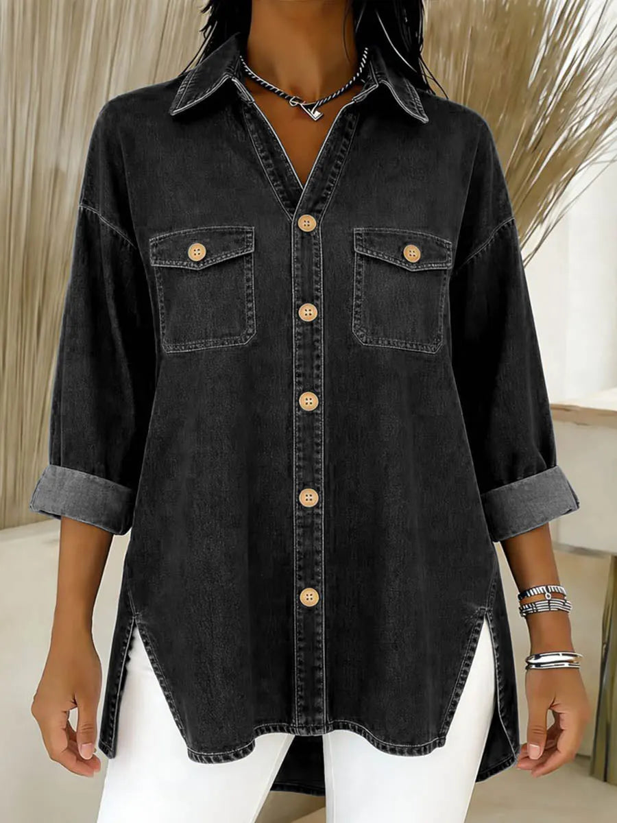 Cléa - Lange denim blouse voor dames met een losse pasvorm en borstzakken