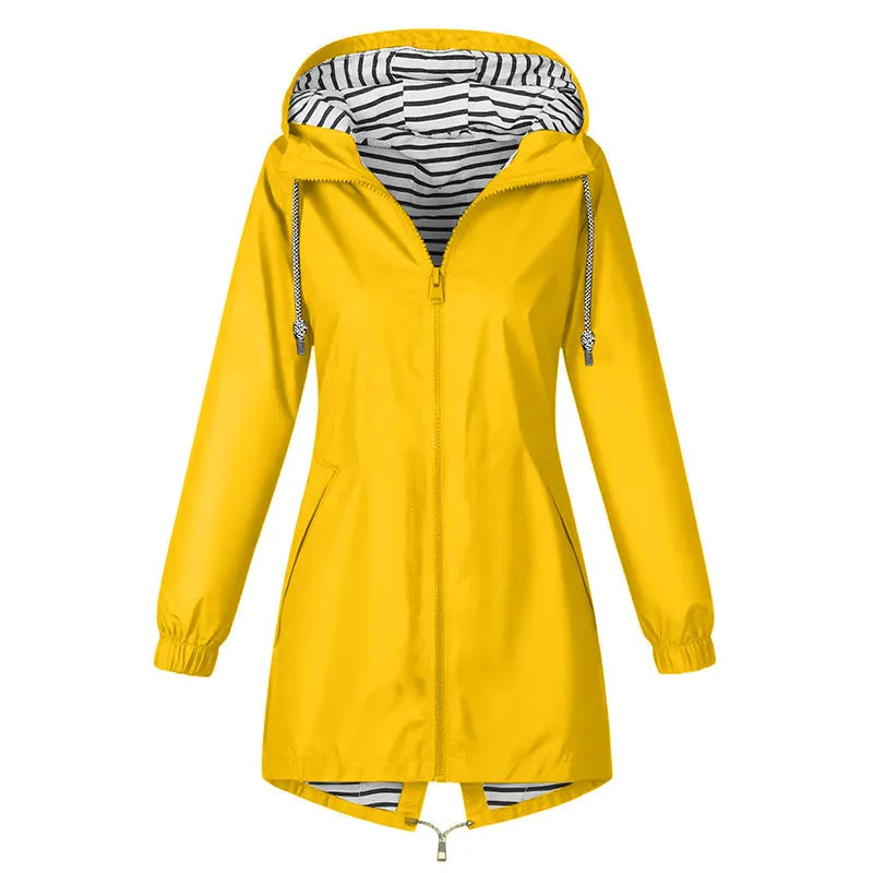 Yolaine - Lange dames regenjas met capuchon en gestreepte voering